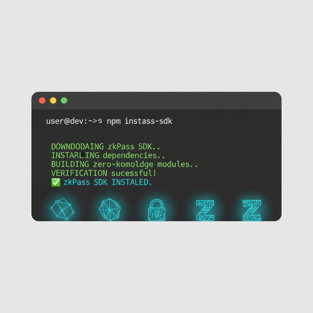 command line terminal installing zkPass SDK, green success logs, zero-knowledge proof icons glowing