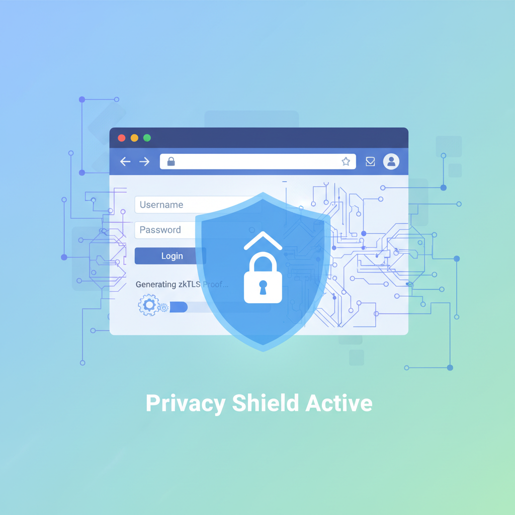 browser window on bank login generating zkTLS proof, ZK circuits forming, privacy shield overlay