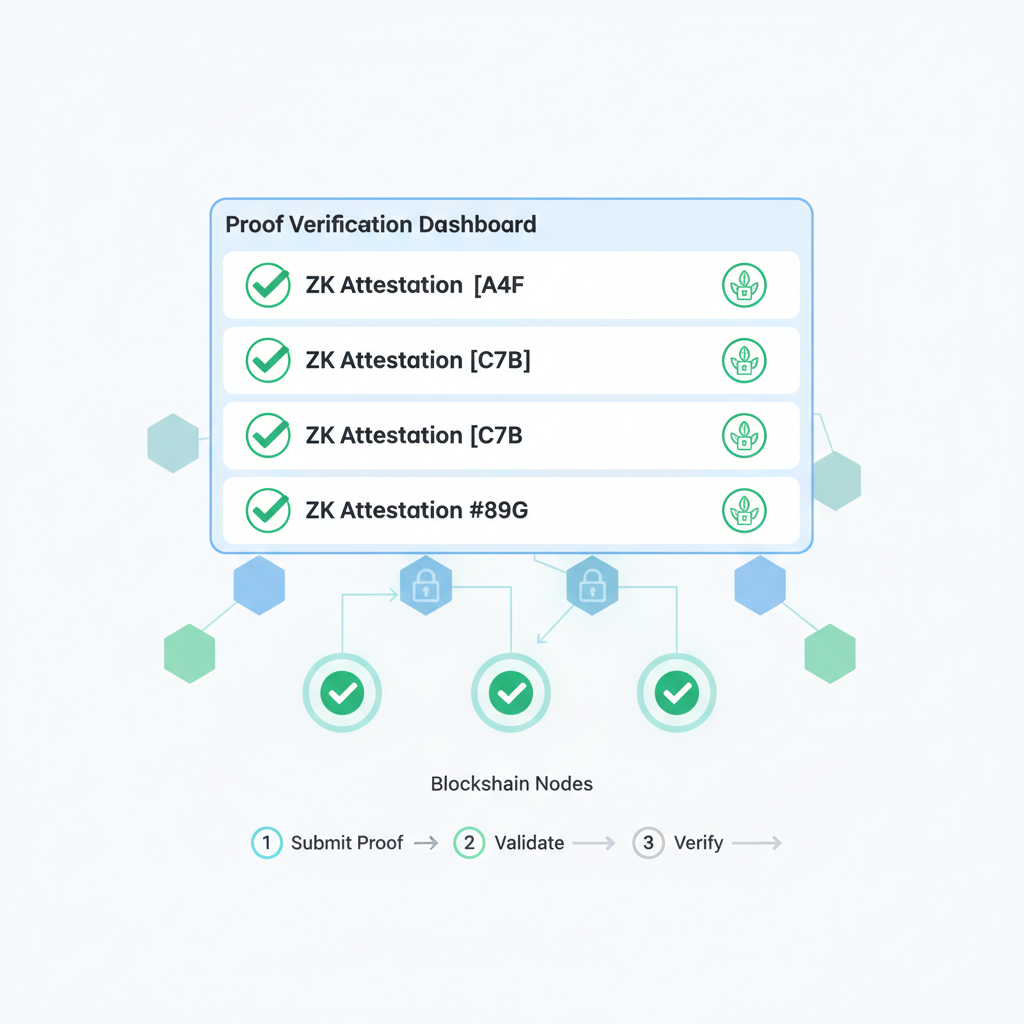 proof verification dashboard, green checkmarks on ZK attestations, blockchain nodes validating