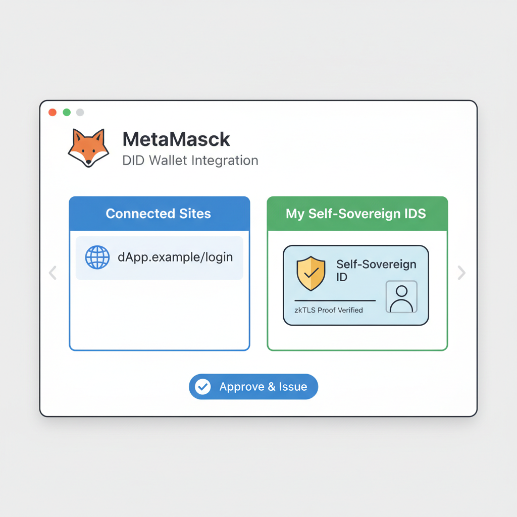 MetaMask interface integrating DID wallet with zkTLS proof, self-sovereign ID card emerging