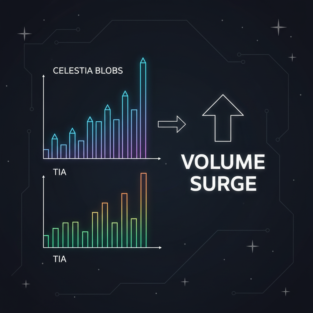 trading charts showing volume surge on Celestia blobs vs TIA, rising bars, data visualization, dark mode sci-fi style
