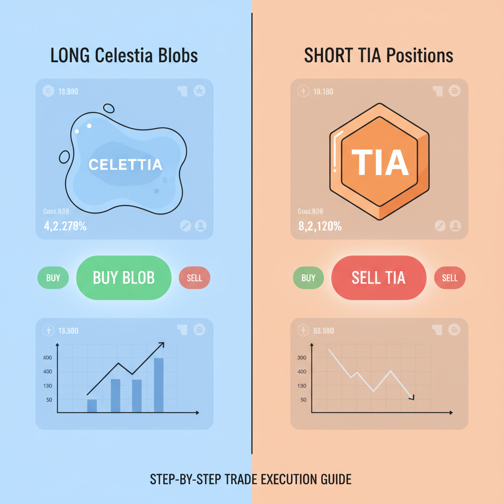 split screen trade execution: long Celestia blobs and short TIA positions, order buttons glowing, holographic UI