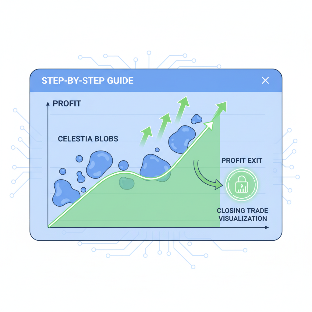 profit exit chart Celestia blobs reverting, green profit arrows, closing trade visualization, futuristic analytics screen
