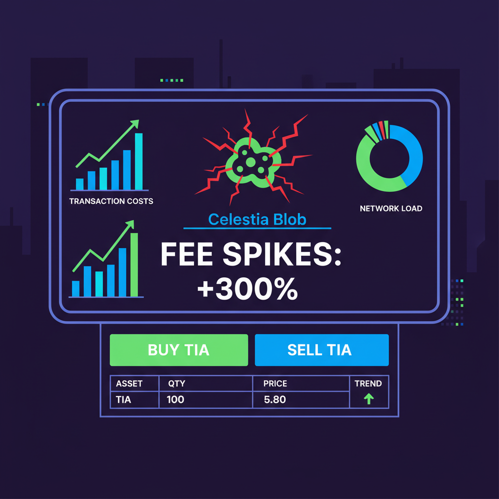 futuristic dashboard scanning Celestia blob fee spikes, glowing charts, neon blues and greens, cyberpunk trading interface