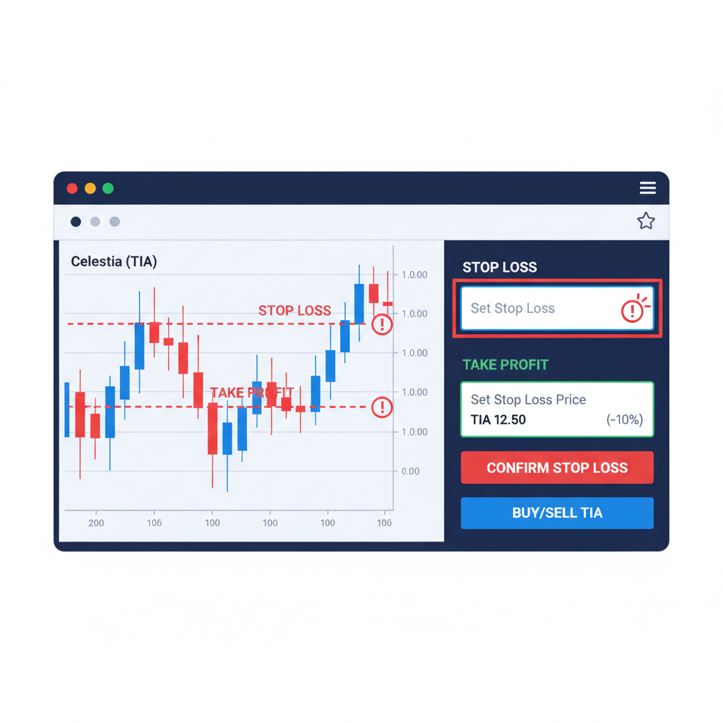 stop loss settings on crypto trading platform, red alert icons, Celestia charts with stop lines, professional interface