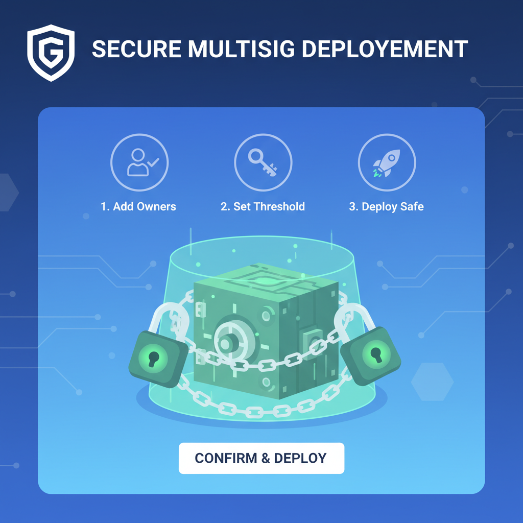 Gnosis Safe multisig wallet deployment screen, padlocks securing crypto vault, green secure glow