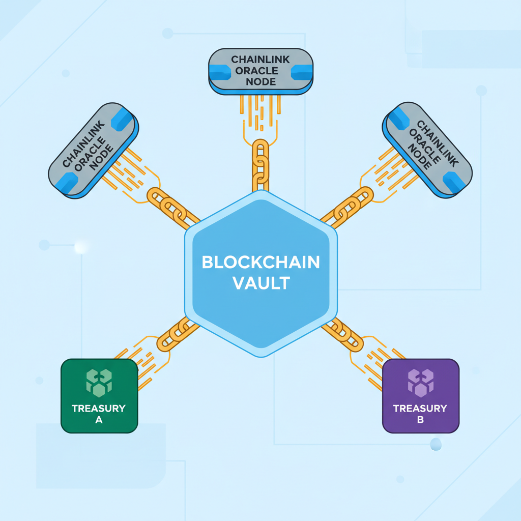 Chainlink oracle nodes feeding data to blockchain vault, golden links connecting treasuries, futuristic