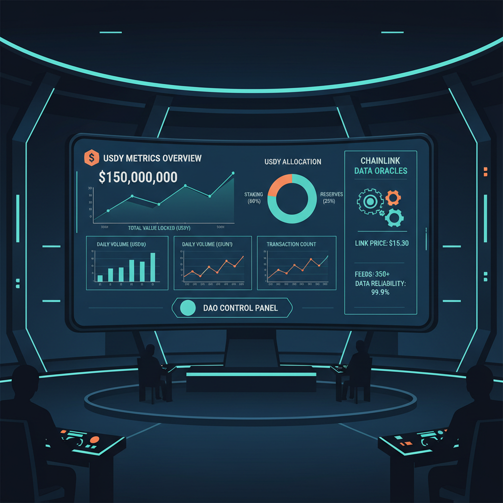 Custom dashboard monitoring USDY metrics, charts graphs Chainlink data, DAO control room vibe