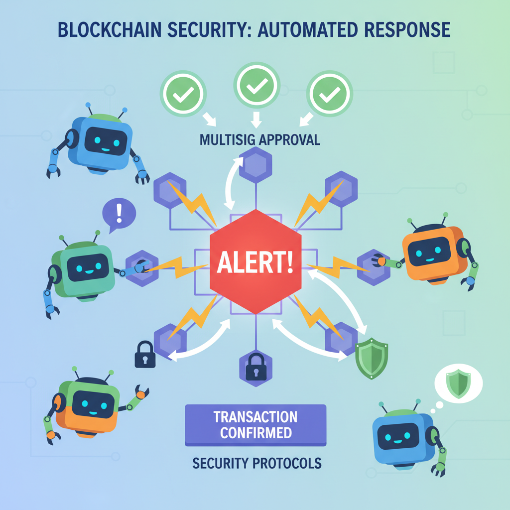 Automation bots reacting to alerts, multisig approvals flowing, dynamic blockchain security scene