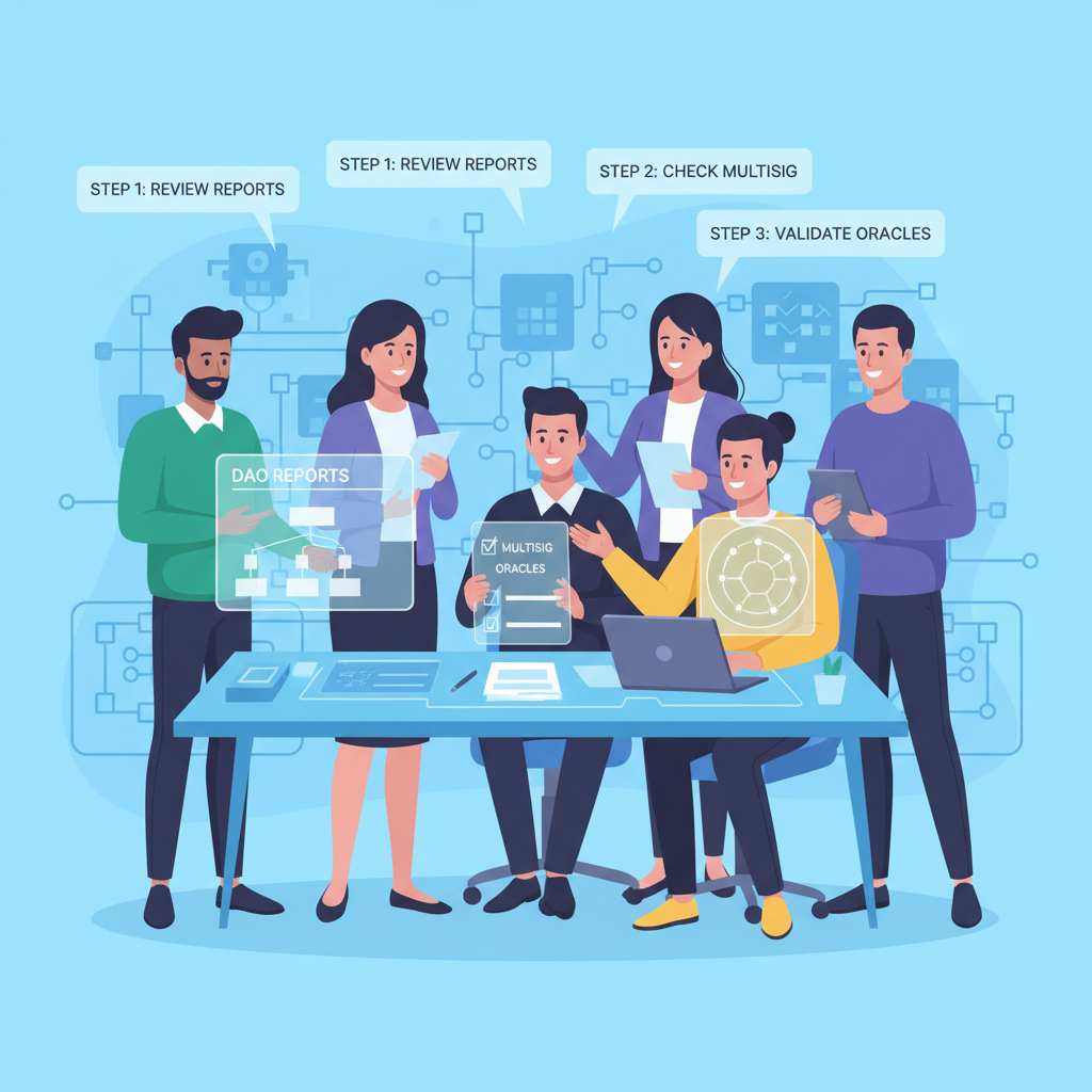 DAO audit team reviewing reports, checklists multisig oracles, confident professionals blockchain backdrop