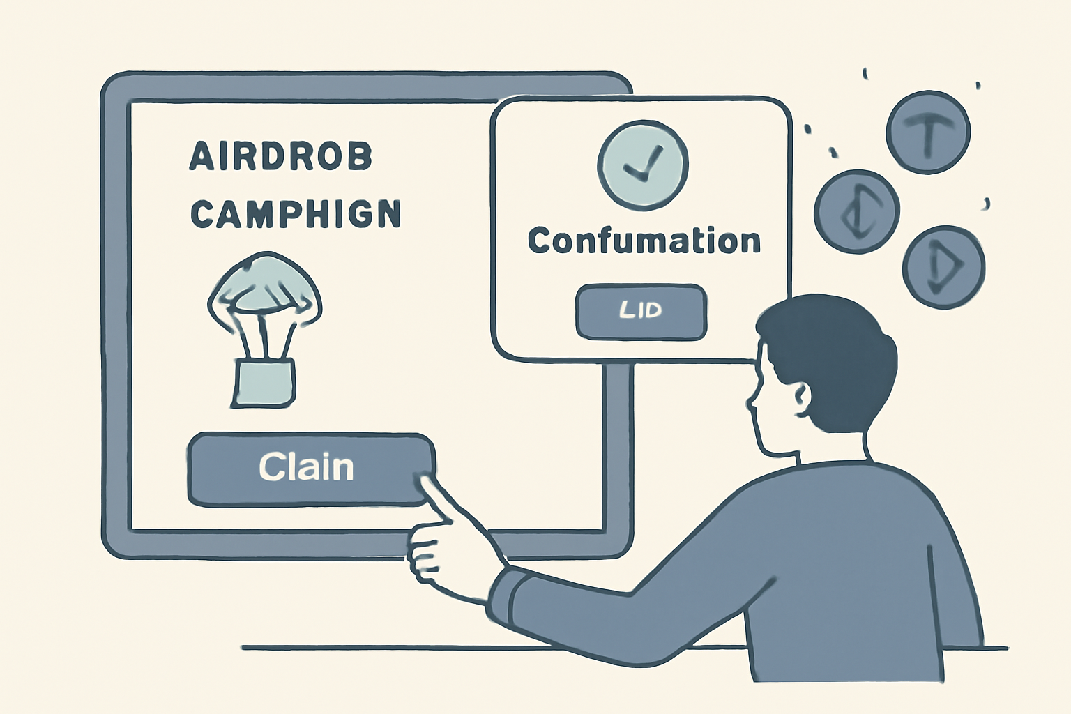 A user pressing the 'Claim' button on an airdrop campaign page, with a confirmation popup and digital tokens appearing.