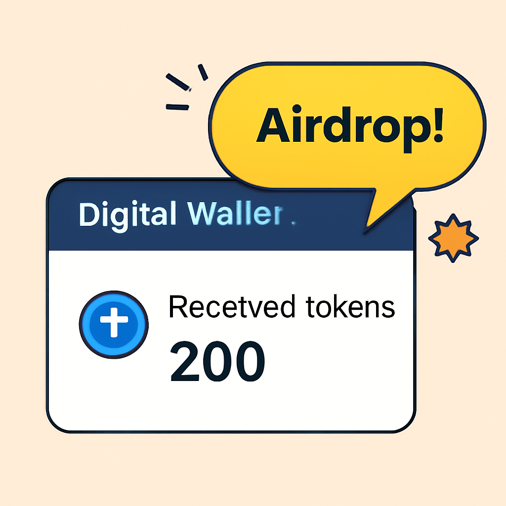 A digital wallet interface showing newly received airdrop tokens and a celebratory notification.