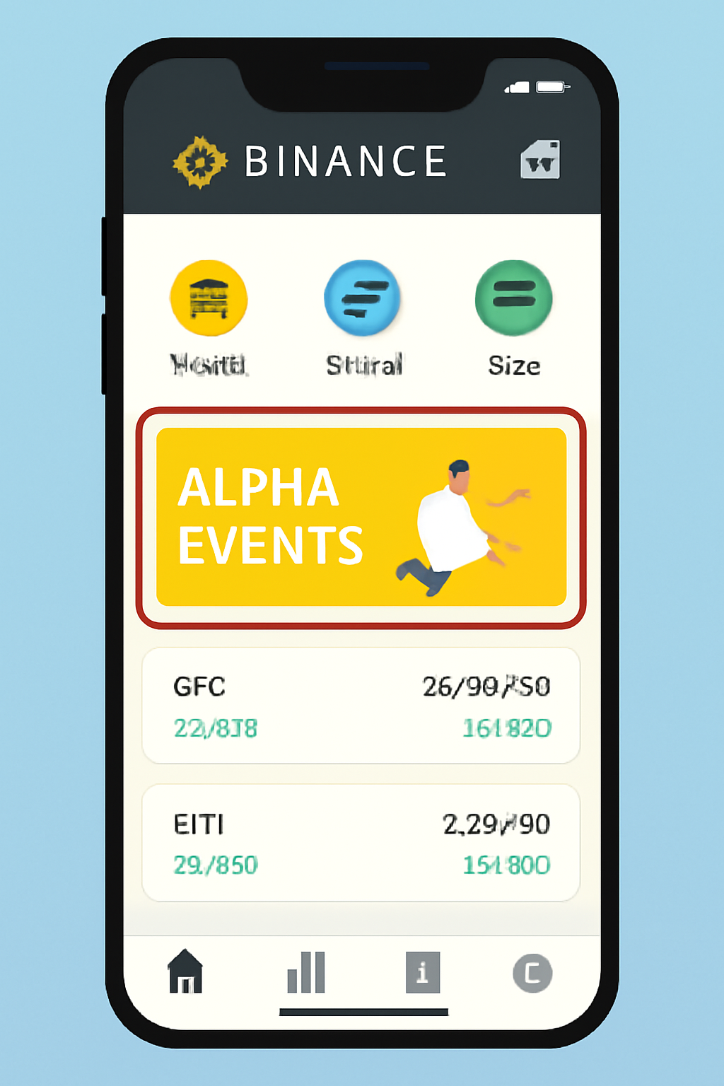 A smartphone displaying the Binance app home screen with the Alpha Events section highlighted, vibrant and user-friendly interface.