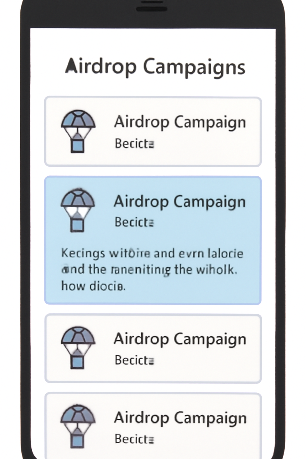 A mobile screen displaying a list of airdrop campaigns with one highlighted and detailed info visible.