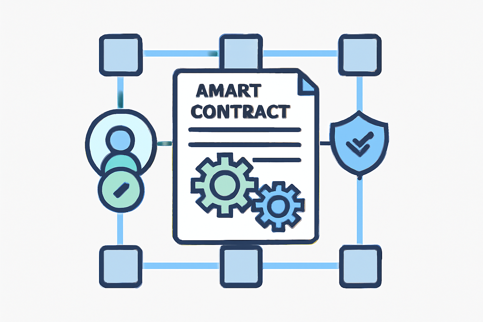 A smart contract document with gears and blockchain nodes, showing automation and compliance checks.