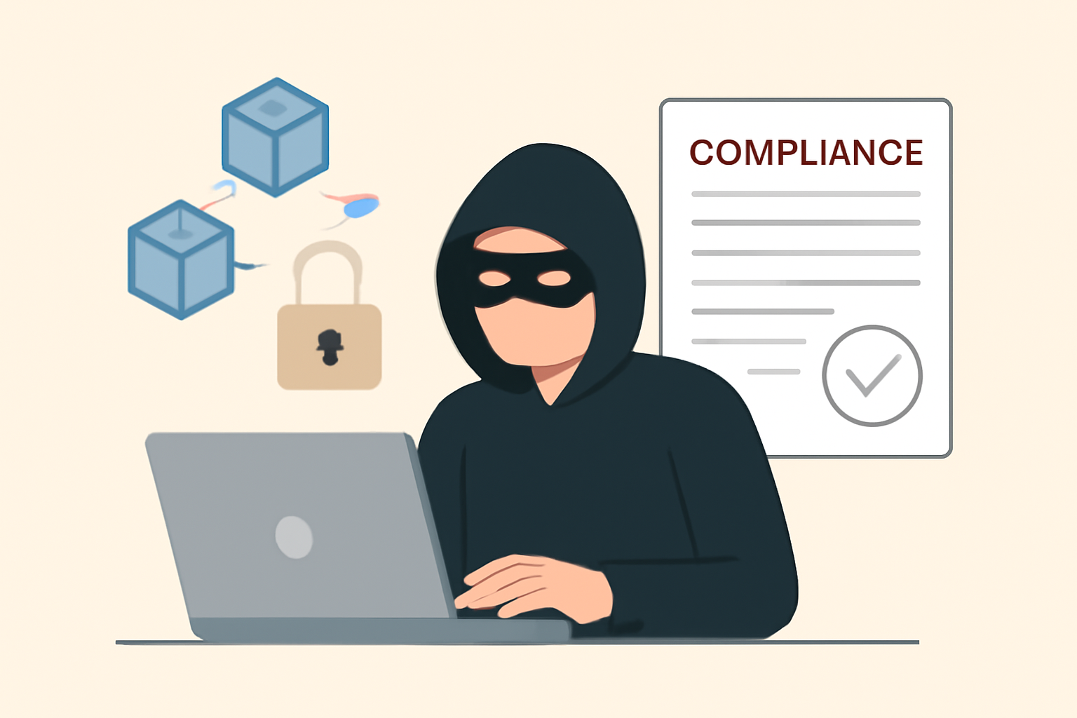 A masked user transacting on a blockchain, with a lock and compliance document in the background.