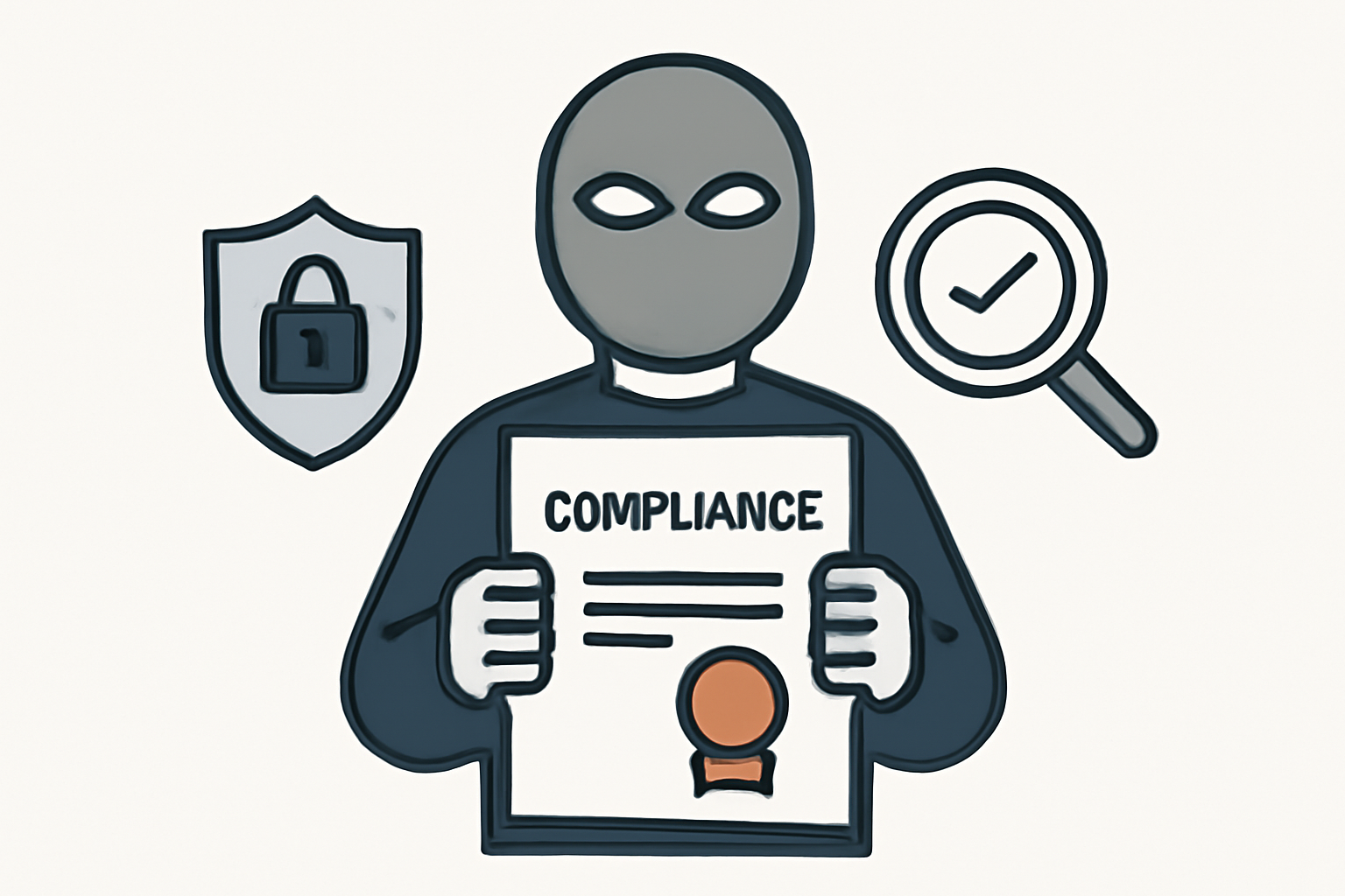 A masked user holding a compliance certificate, with a privacy shield and a regulator's magnifying glass nearby.