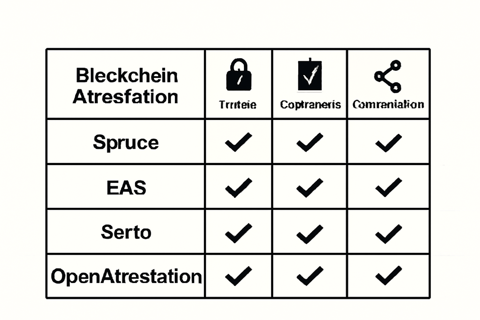 A comparison chart showing different blockchain attestation platforms and protocols, with icons for privacy, compliance, and interoperability.