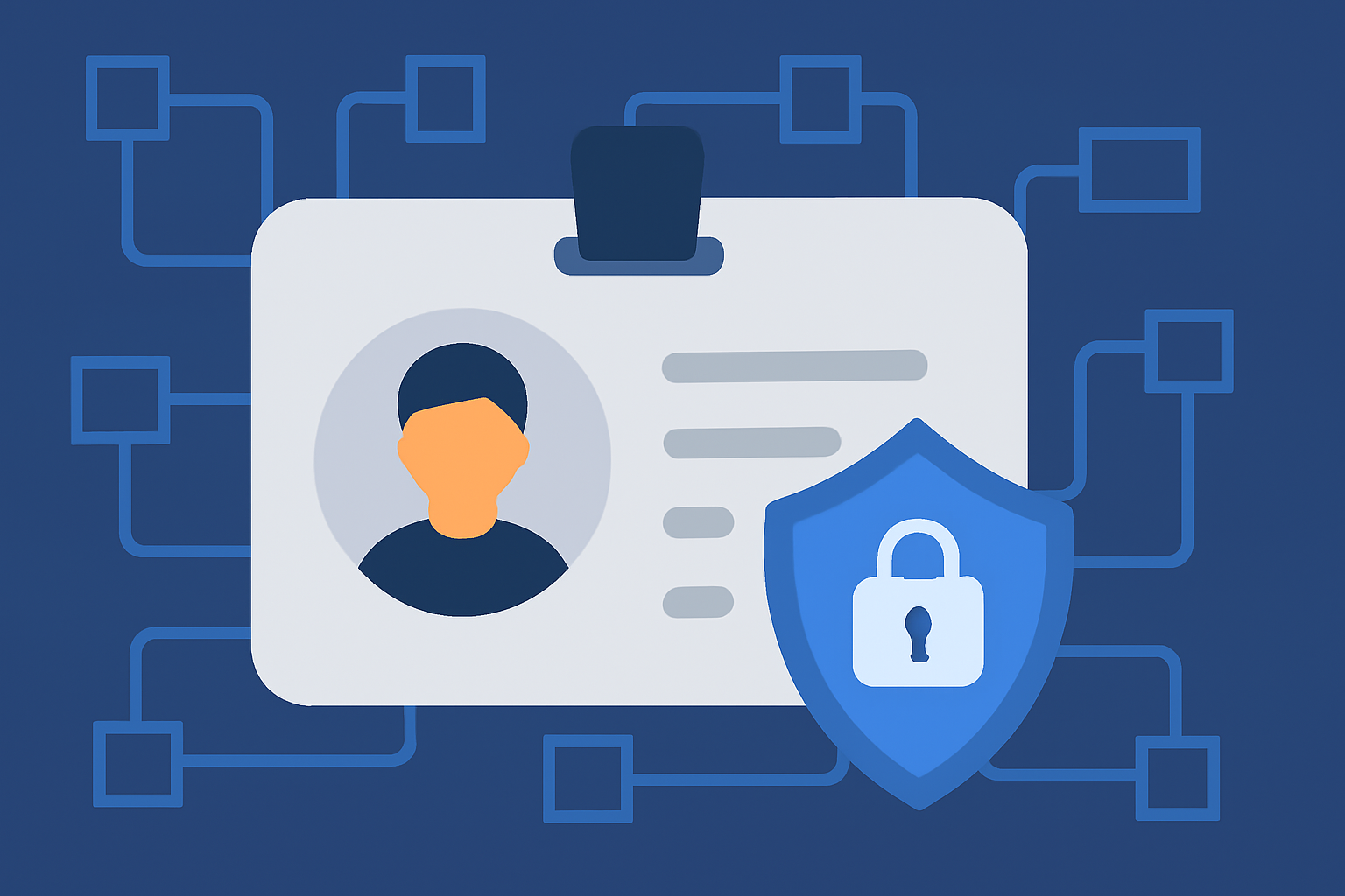 A digital ID card with a privacy shield overlay and blockchain background, representing secure identity verification.