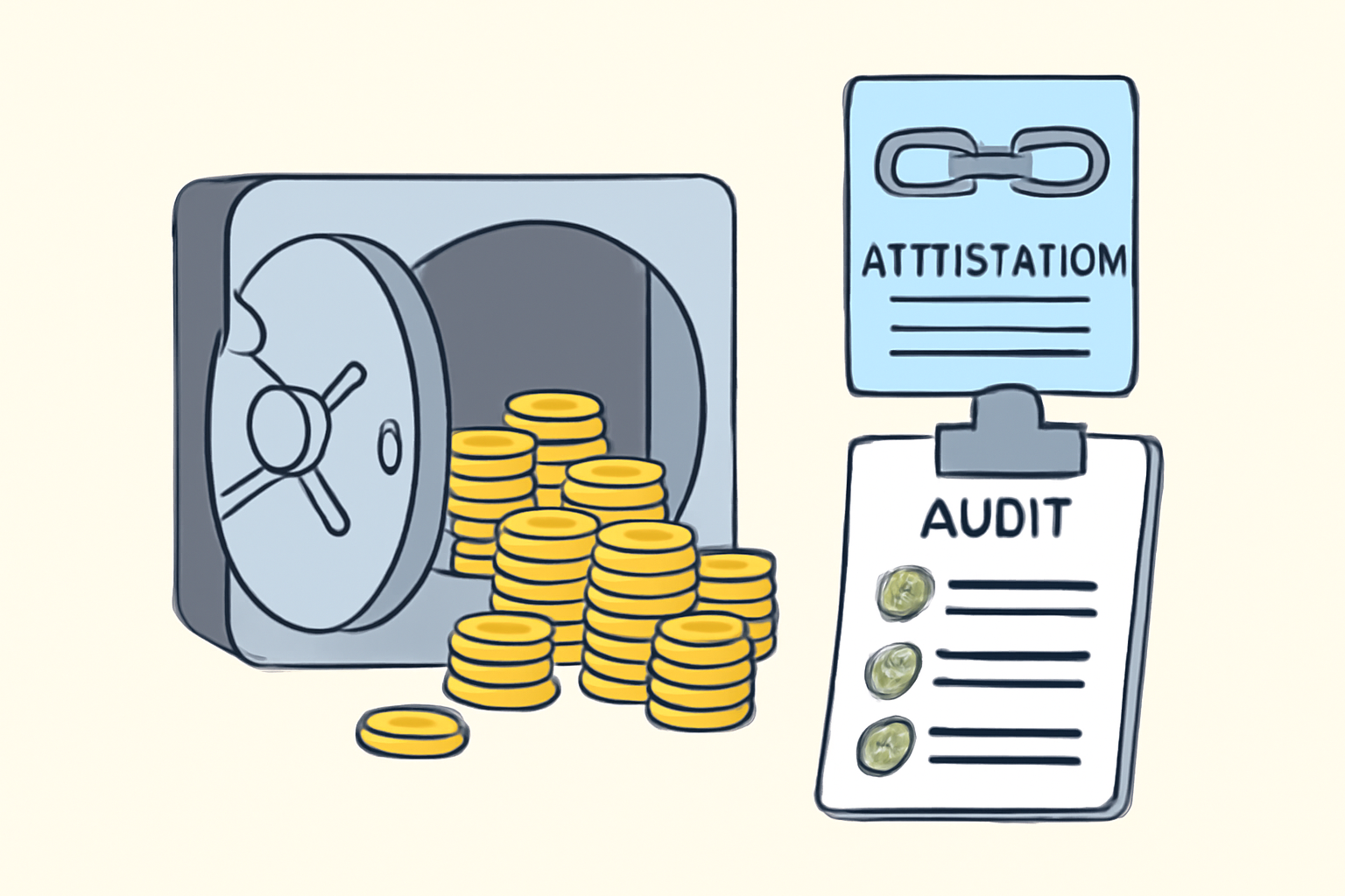 A vault filled with coins, an auditor's checklist, and a blockchain ledger displaying the attestation.