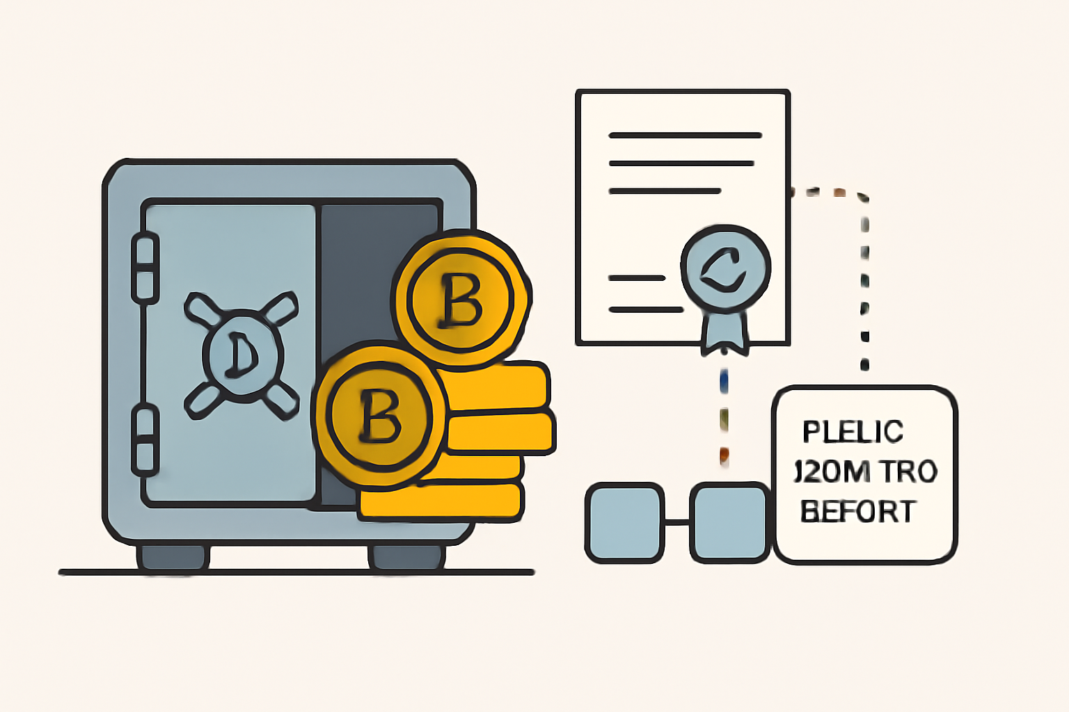 A vault with digital coins and a certificate, connected to a blockchain displaying a public attestation report.