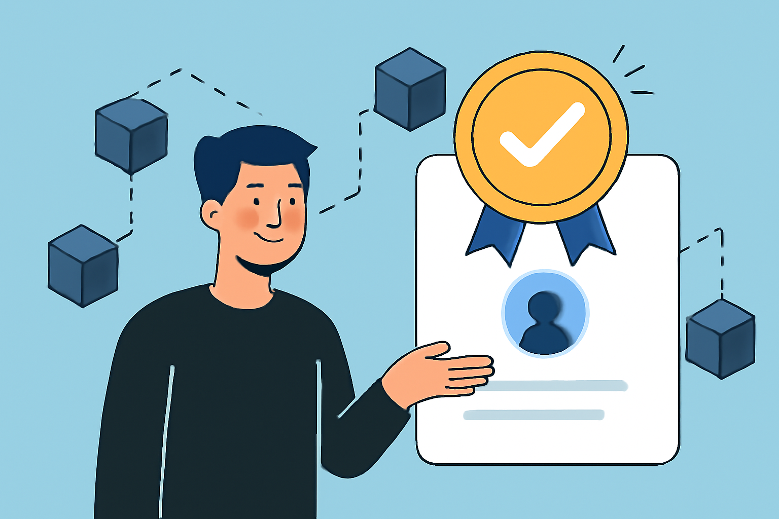 A user receiving a digital badge or NFT after passing an identity check, with blockchain elements in the background.