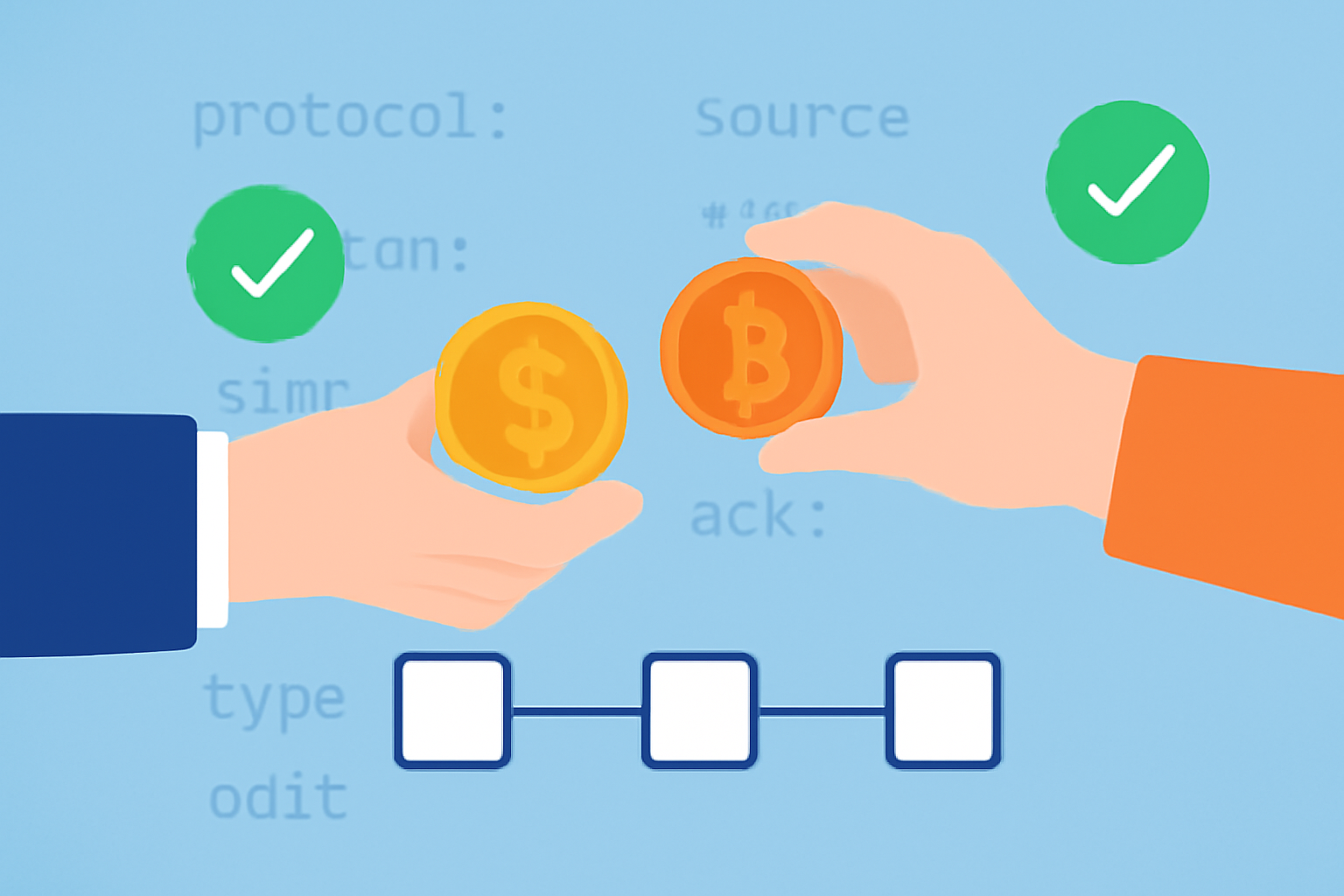 Two digital tokens exchanging hands over a blockchain, with checkmarks and protocol code in the background.