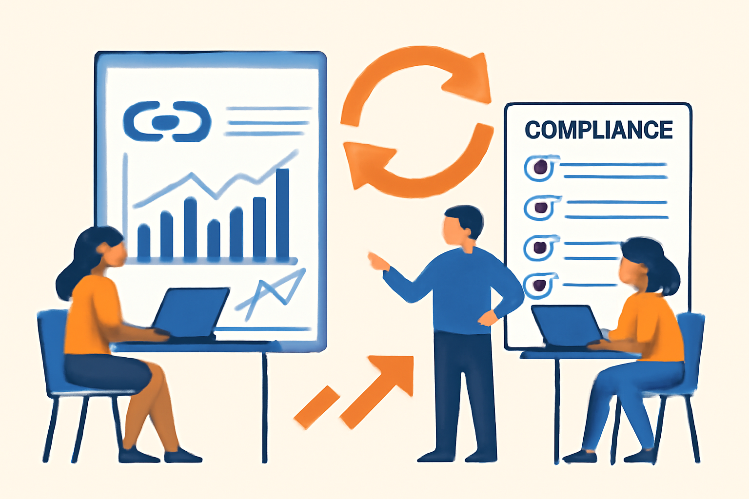 A team analyzing blockchain dashboards and compliance checklists, with a feedback loop symbol and progress arrows.