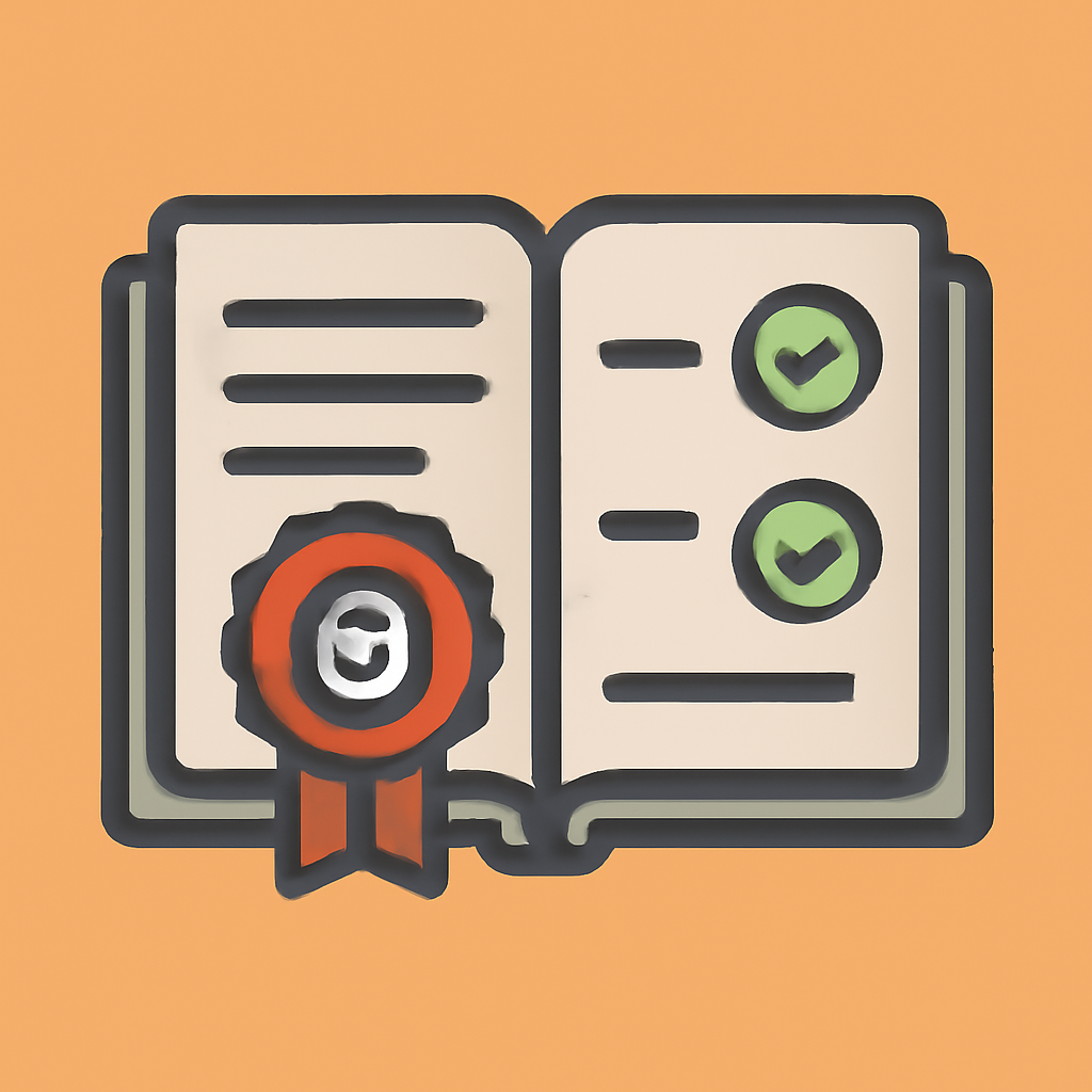 A digital ledger with cryptographic seals and checkmarks, representing blockchain-based attestations and compliance.