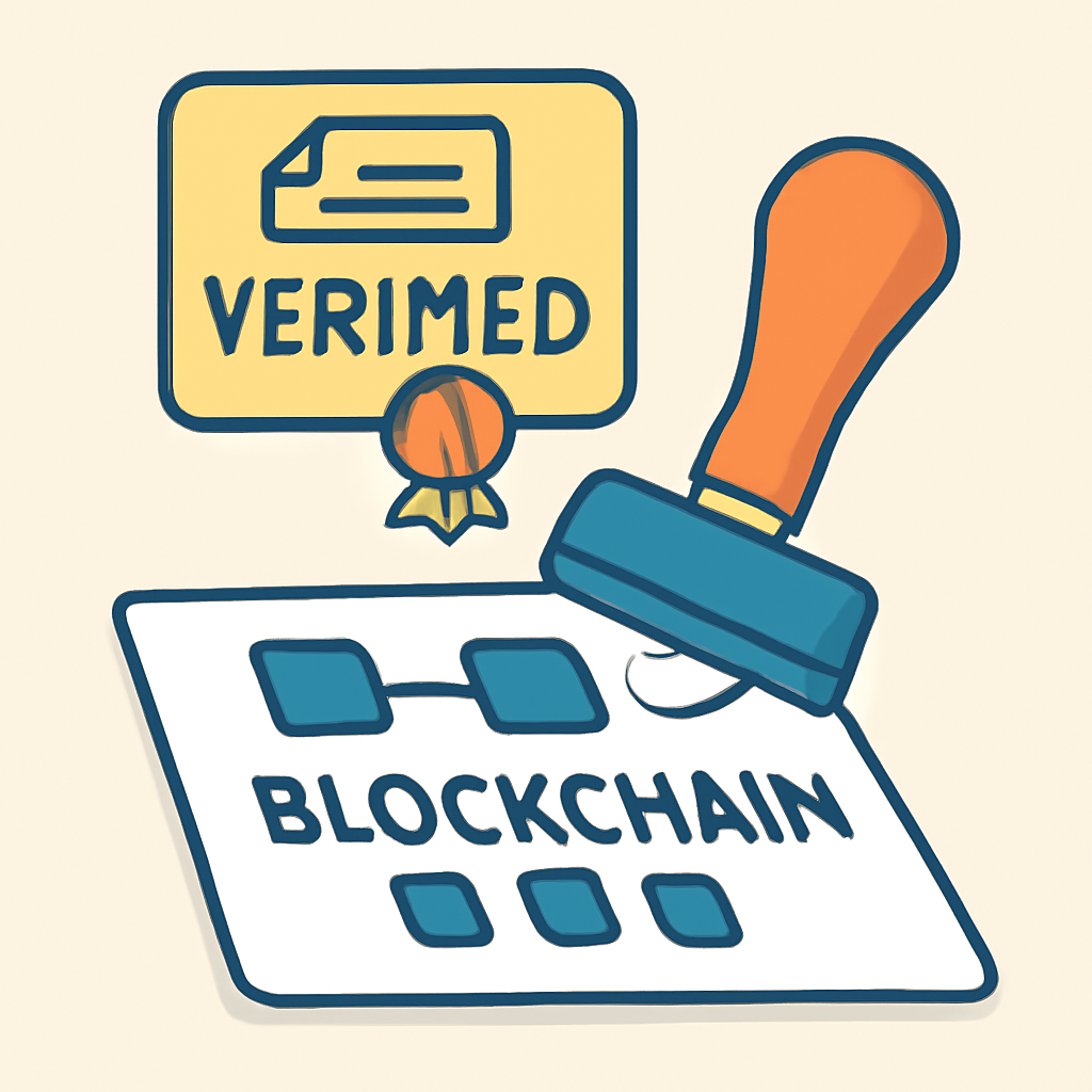 A digital certificate or badge being stamped onto a blockchain ledger, symbolizing verification and authenticity.
