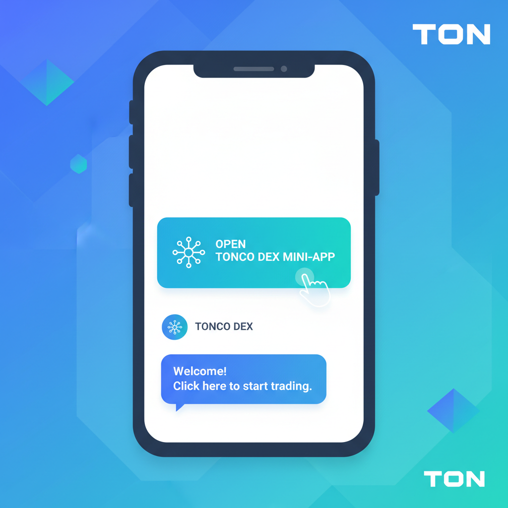 Telegram search for TONCO DEX bot, mini-app opening, TON blockchain theme