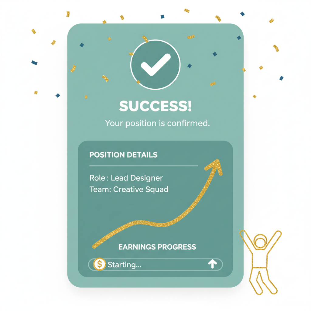 Success confirmation screen with position details, earnings graph starting, celebratory animation