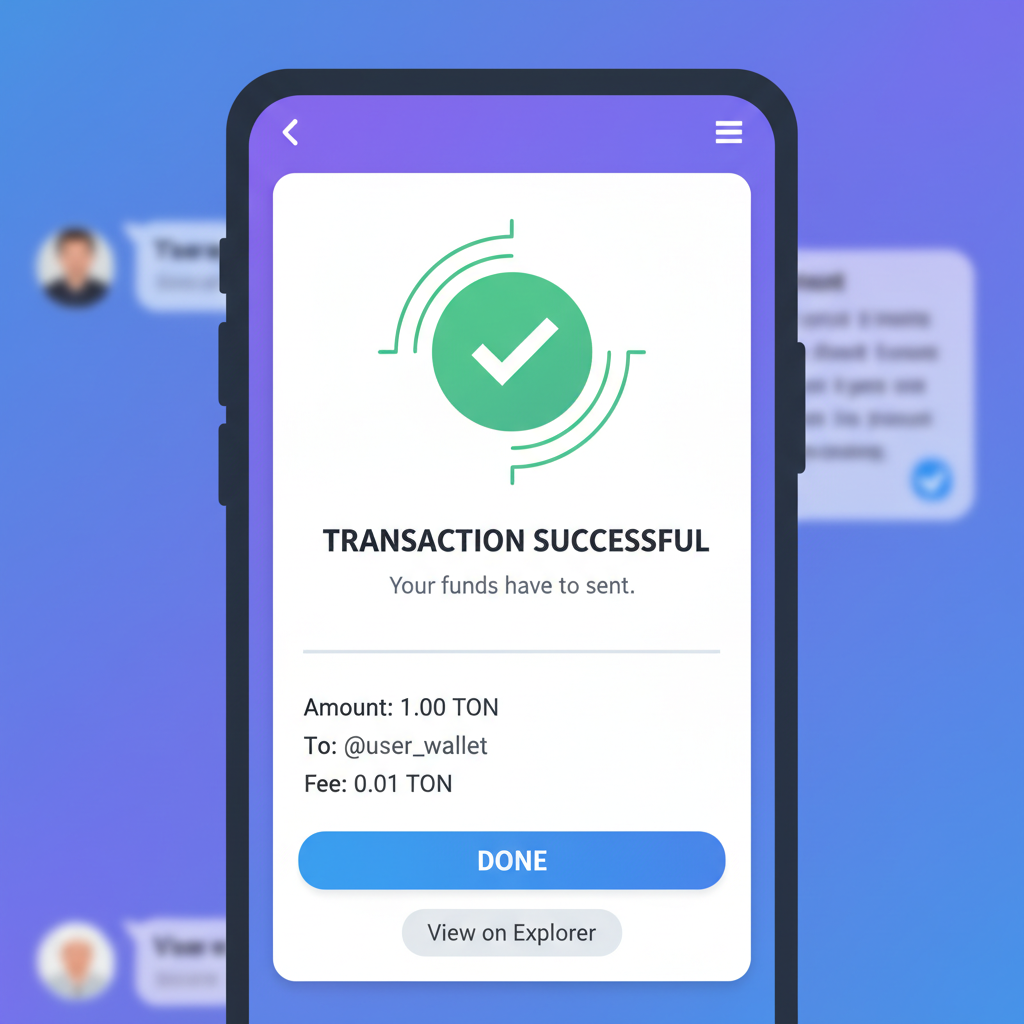 Transaction confirmation popup in Telegram wallet, success animation