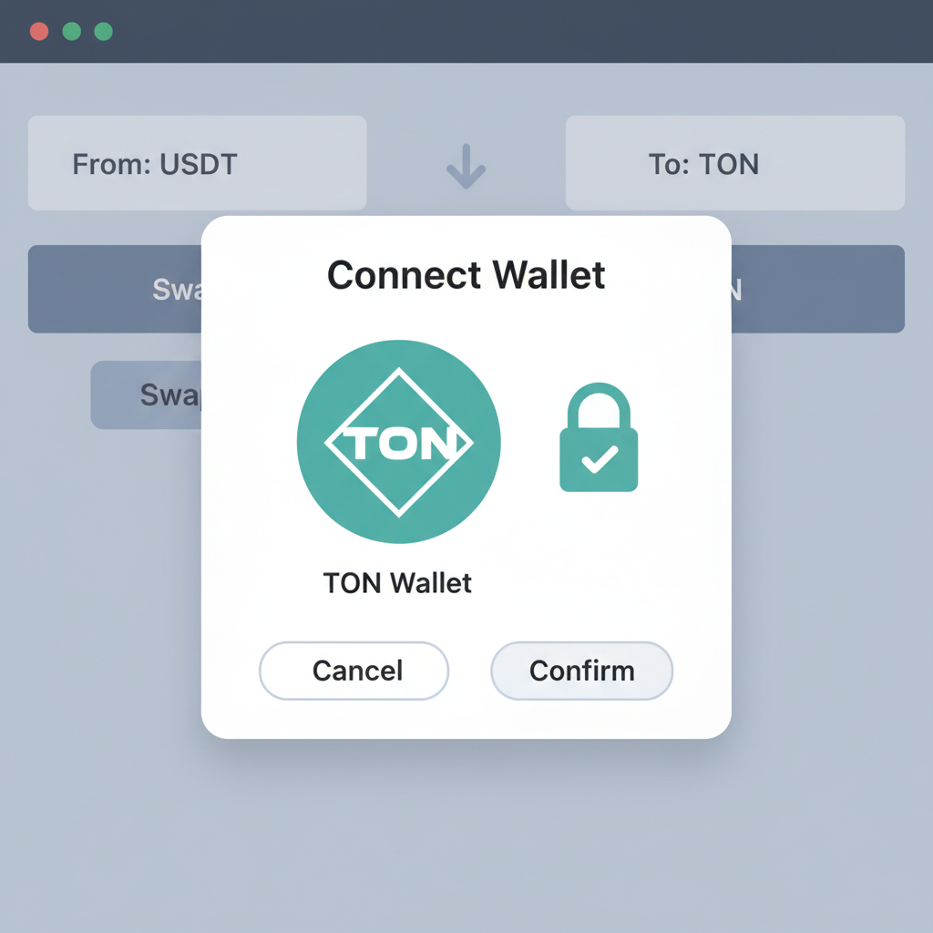 DEX interface with wallet connection popup, TON wallet icon, secure lock symbol, minimalist design