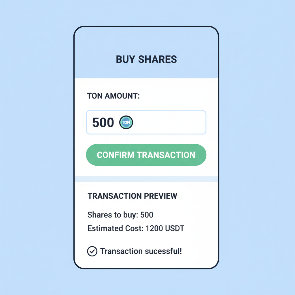 Buy shares form with TON amount entered, confirm button, transaction preview