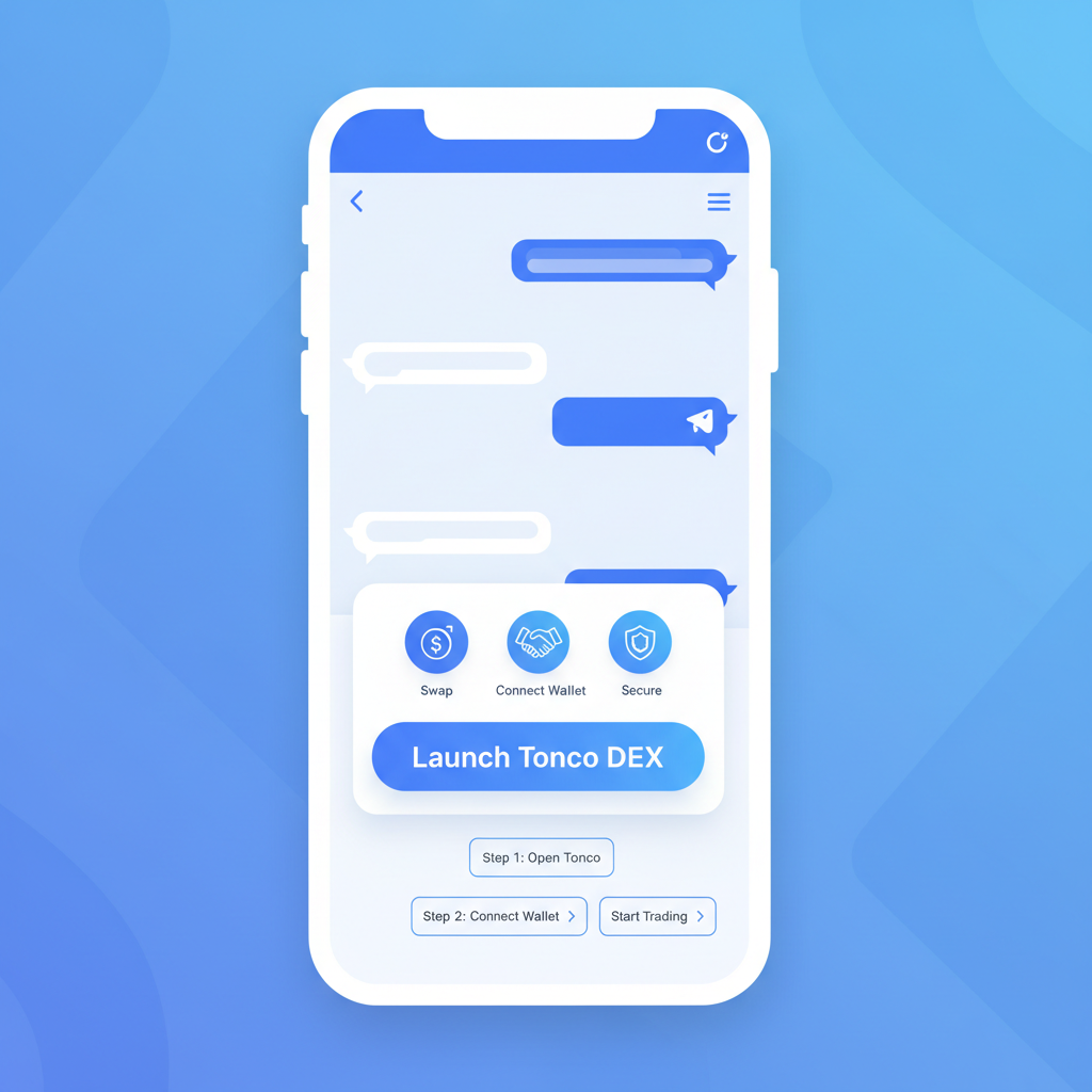 Telegram app on phone screen showing Tonco DEX mini-app launch button, clean modern UI, blue tones
