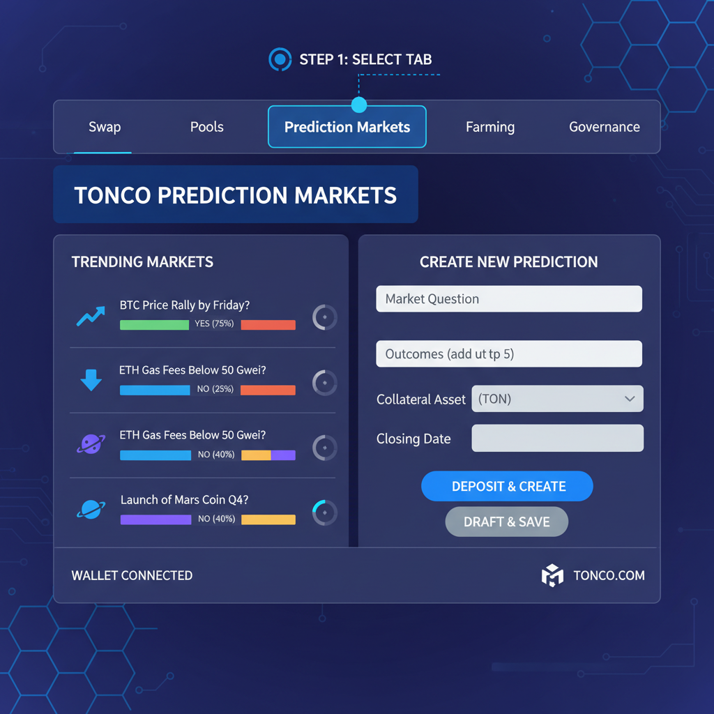 TONCO DEX dashboard with Prediction Markets tab selected, futuristic UI