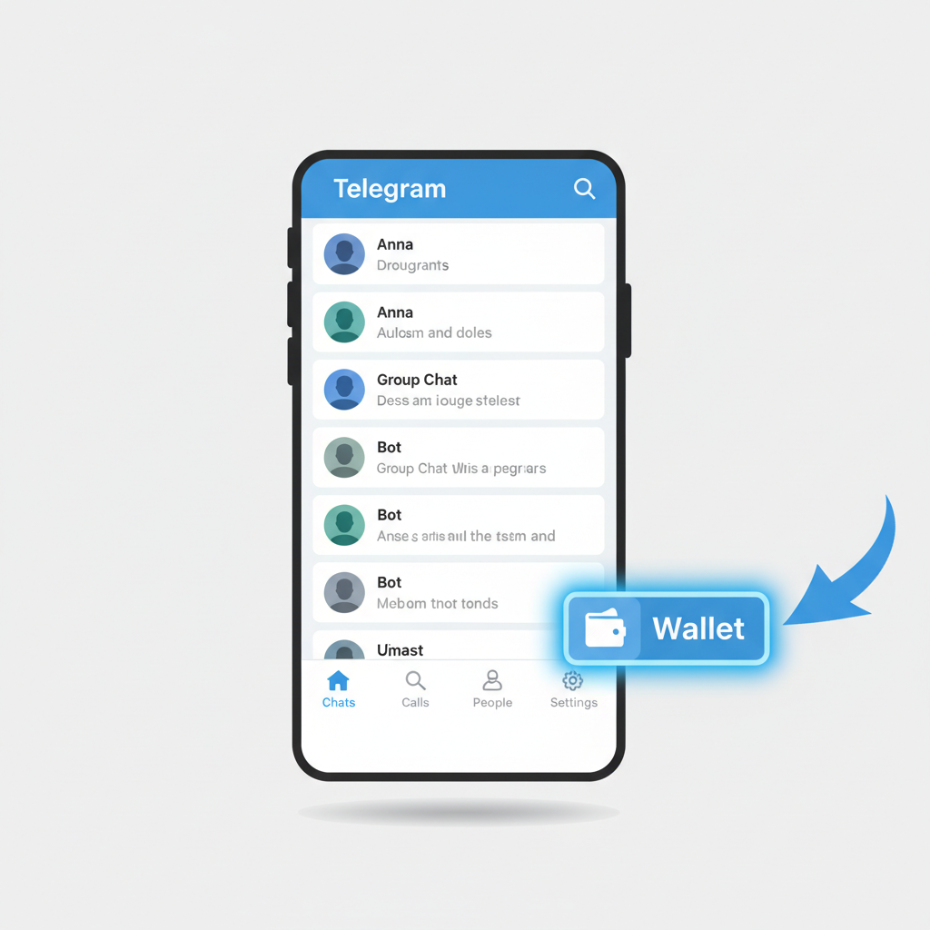 Telegram app interface showing wallet button highlighted, mobile screen, clean UI
