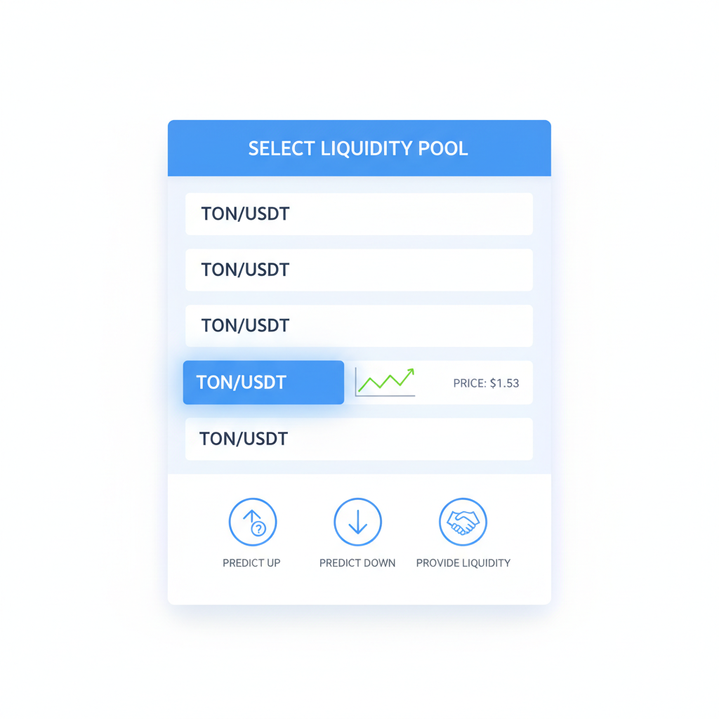 Pool selection screen highlighting TON/USDT pair, price chart at $1.53, prediction market icons