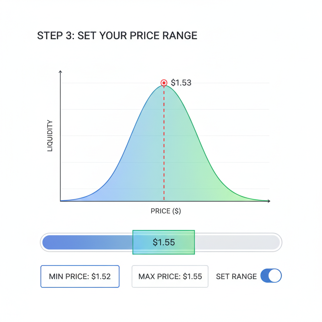 Concentrated liquidity setup slider with range $1.52-$1.55 highlighted, graph showing current $1.53 price