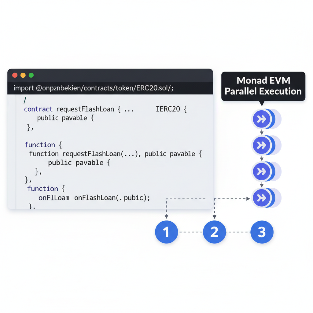 Solidity code editor with flash loan contract, Monad EVM parallel execution icons
