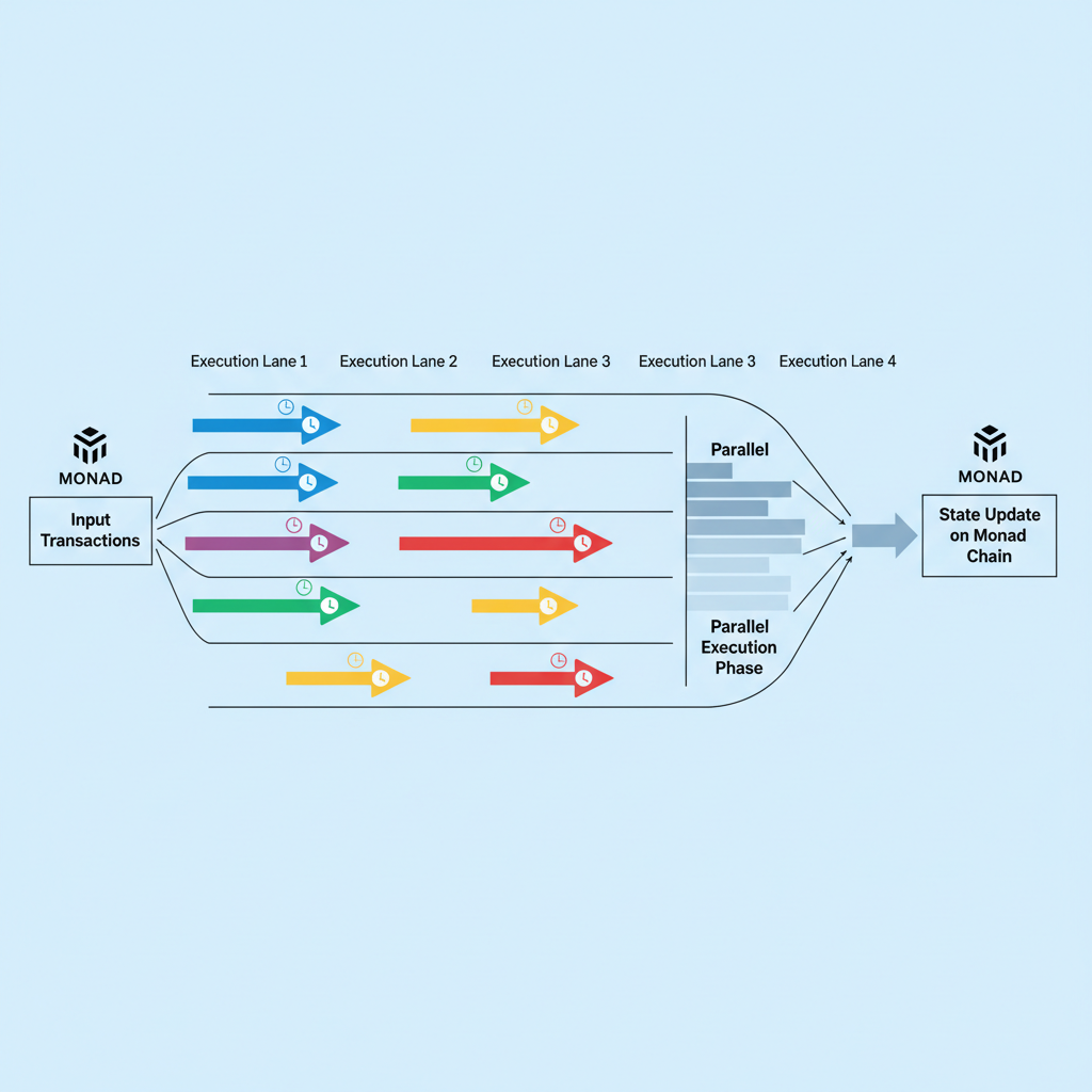 parallel transaction execution diagram on Monad blockchain, multiple arrows racing in lanes