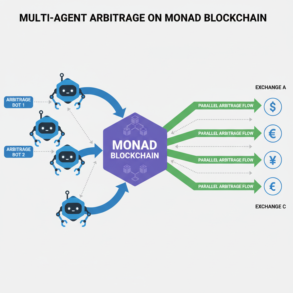 diagram of multi-agent bots connected to Monad blockchain, arrows showing parallel arbitrage flows