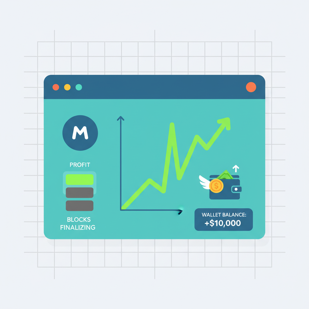 profit dashboard graph spiking up, Monad blocks finalizing, wallet balance increasing