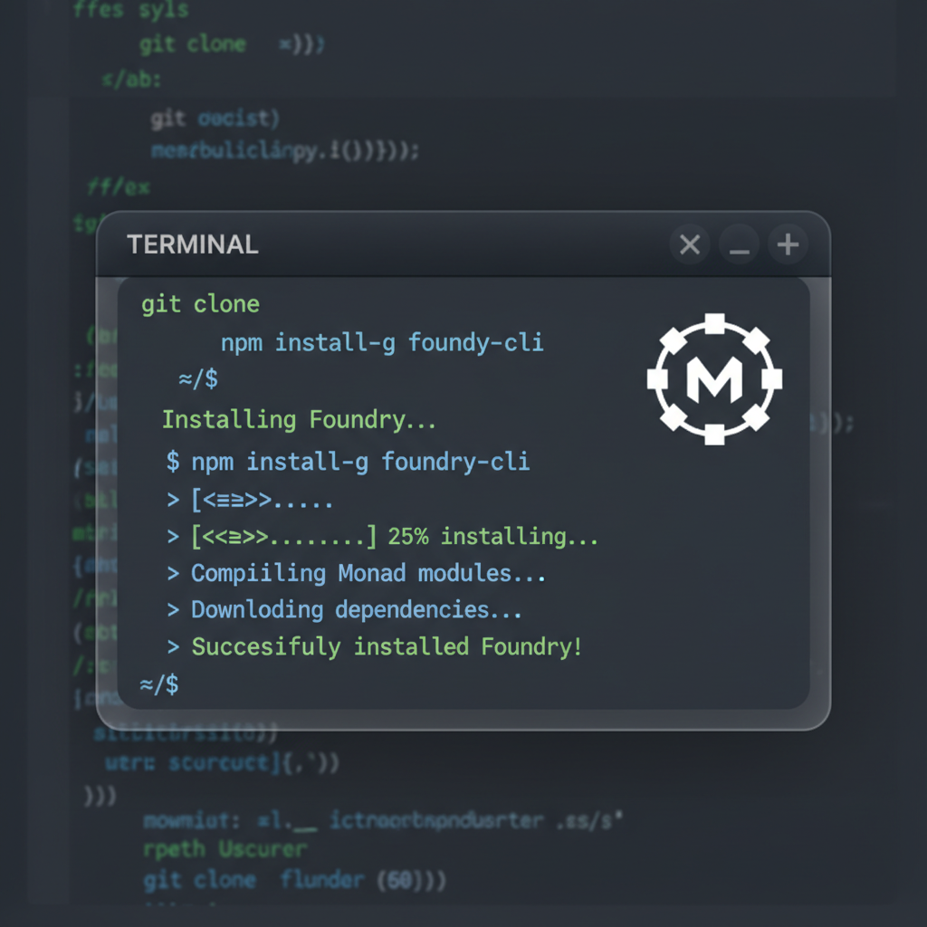 terminal window installing Foundry with Monad blockchain logo, code snippets, dark theme