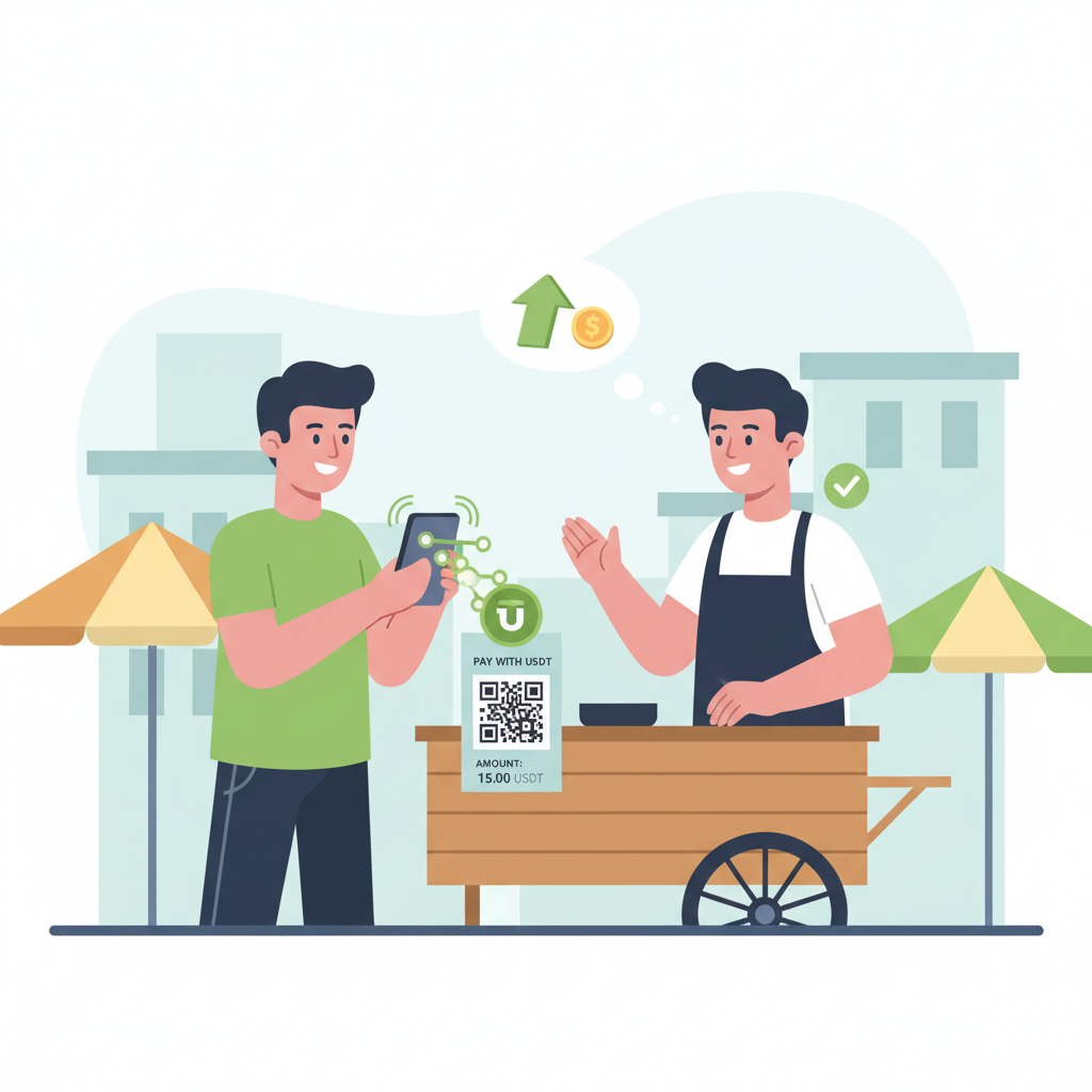 customer scanning QR code at street vendor stall with phone paying USDT