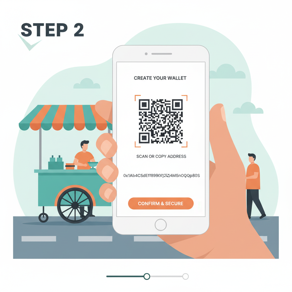 street vendor smartphone app signup stablecoin wallet address screen