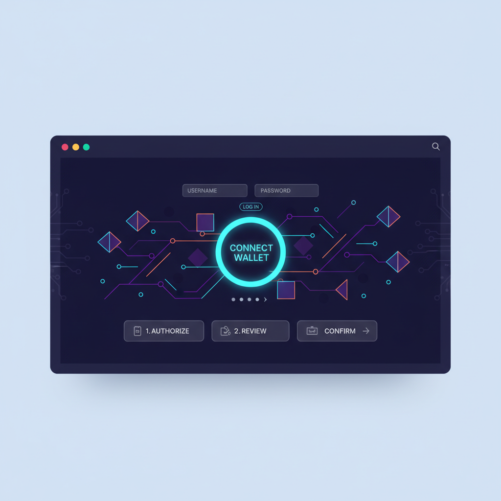 sleek web portal interface with wallet connection button glowing blue, blockchain nodes in background, cyberpunk aesthetic