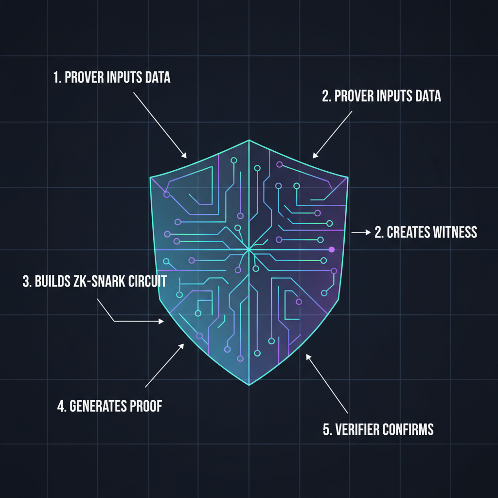 zero-knowledge proof generation animation, abstract math circuits forming shield, neon gradients