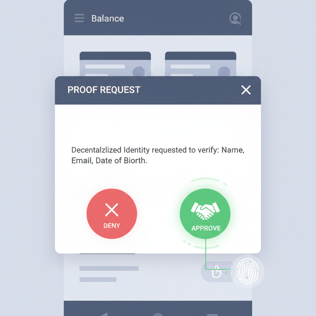 proof request popup on wallet screen, user approving with secure handshake icon